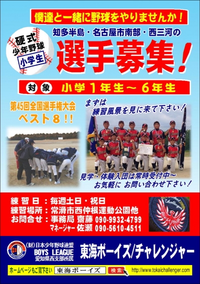 知多半島、名古屋市南部、西三河の選手募集中